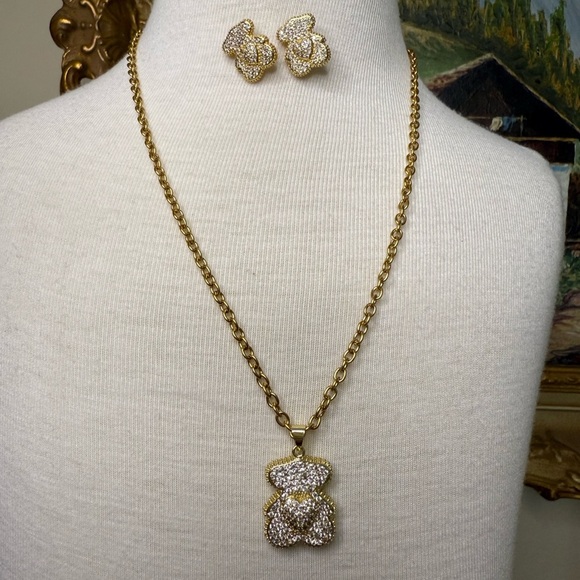 Gold and Silver Bear Pendant Necklace and Earring Set - Picture 1 of 17